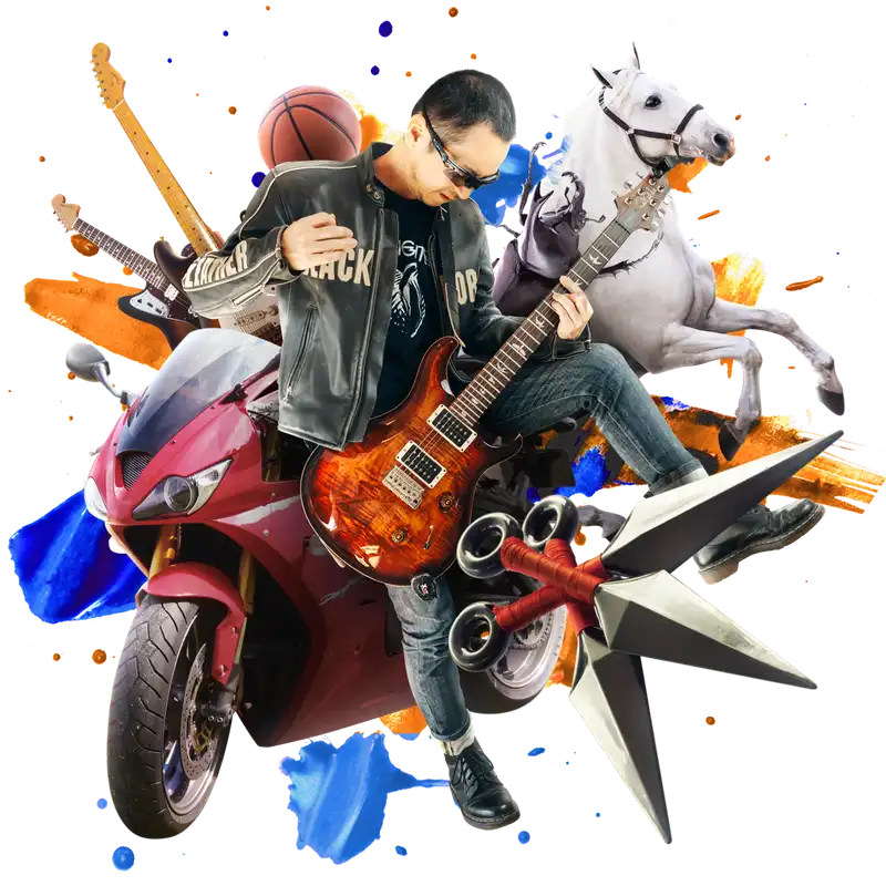 ギターを弾くカラクリ講師キャプテン高瀬。周囲にはオートバイと忍者道具、馬、カブトムシ等の彼の趣味を象徴するものがちりばめられている。